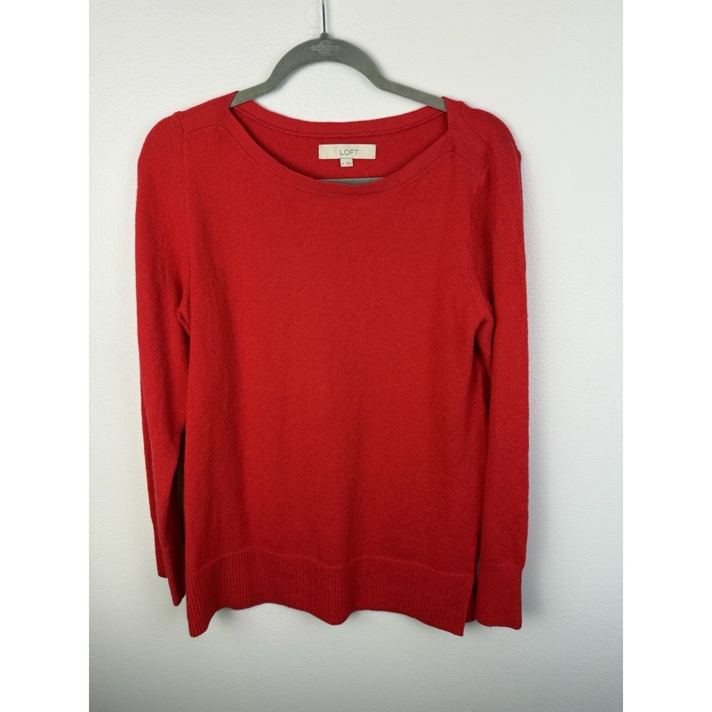Ann Taylor Loft Womens Pullover Sweater Red Long Sleeve Scoop Neck Side Slit M